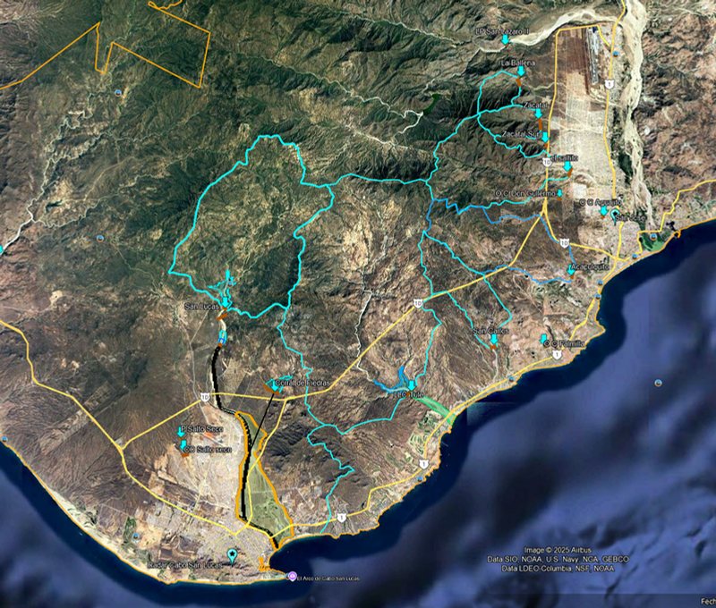 Mapa satelital de la cuenca de La Paz y sus sitios favorables para presas