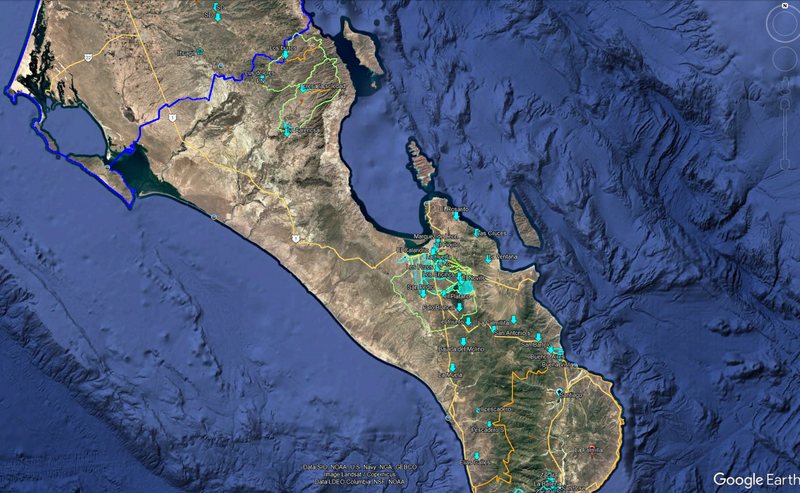 Mapa satelital de Los Cabos con los sitios de presas del corredor San Lucas – Aeropuerto San José del Cabo