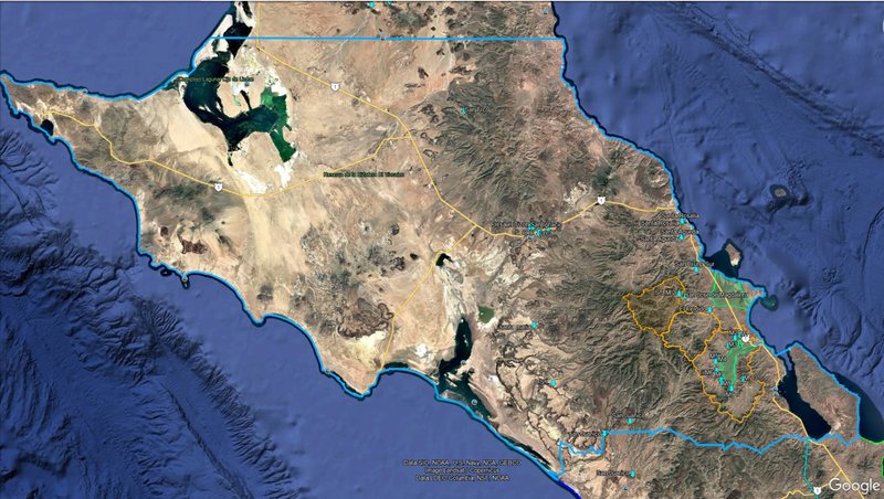 Mapa satelital del municipio de Mulegé con sus zonas Pacífico y Golfo de California